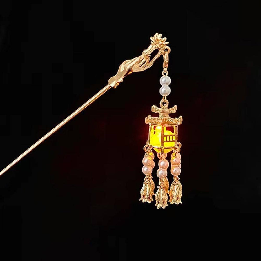 Flower Lantern Tassel Hairpin for Hanfu Outfits - Warm Yellow
