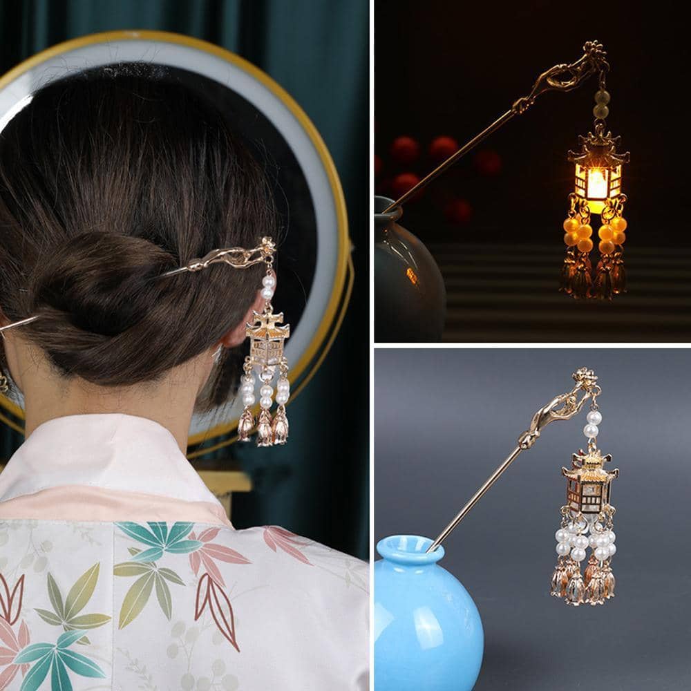 Flower Lantern Tassel Hairpin for Hanfu Outfits - Warm Yellow - view 4