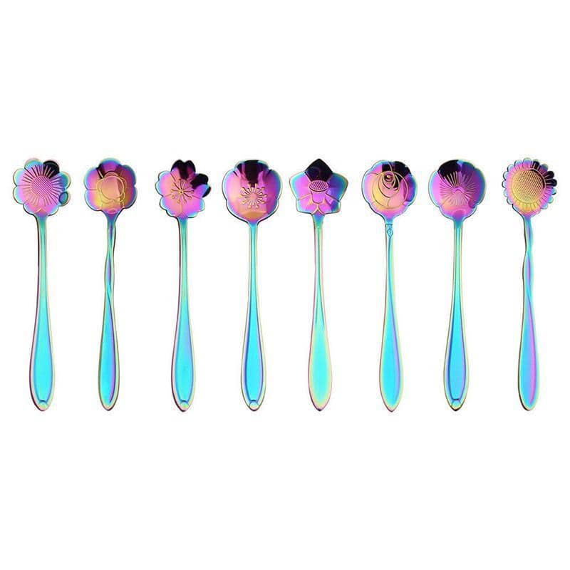 Flower Teaspoon Set, Stainless Steel - Rainbow, Pack of 8