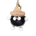 Fluffy Plush Ball Keychain with Knitted Hat - Black