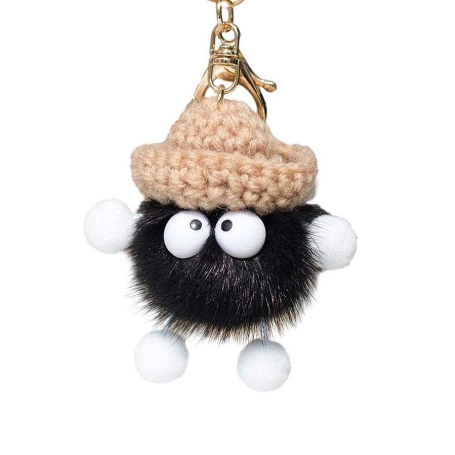 Fluffy Plush Ball Keychain with Knitted Hat - Black