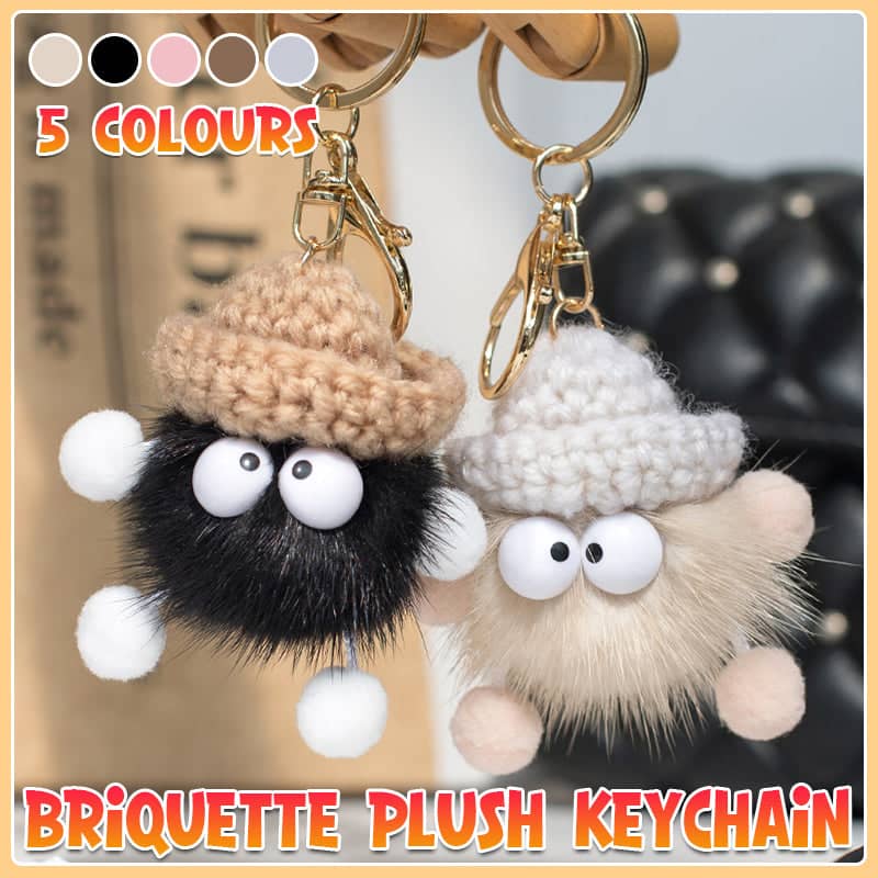 Fluffy Plush Ball Keychain with Knitted Hat - Black - view 2