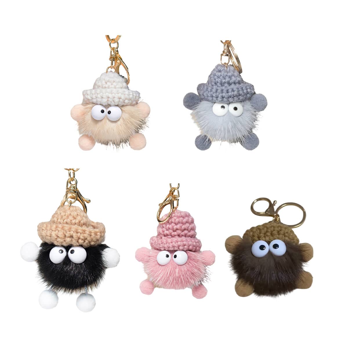 Fluffy Plush Ball Keychain with Knitted Hat - Black - view 3