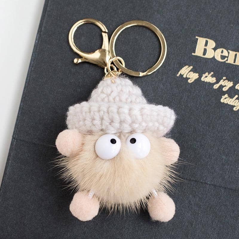 Fluffy Plush Ball Keychain with Knitted Hat - Black - view 4