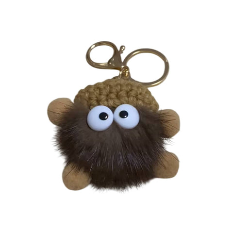 Fluffy Plush Ball Keychain with Knitted Hat - Brown