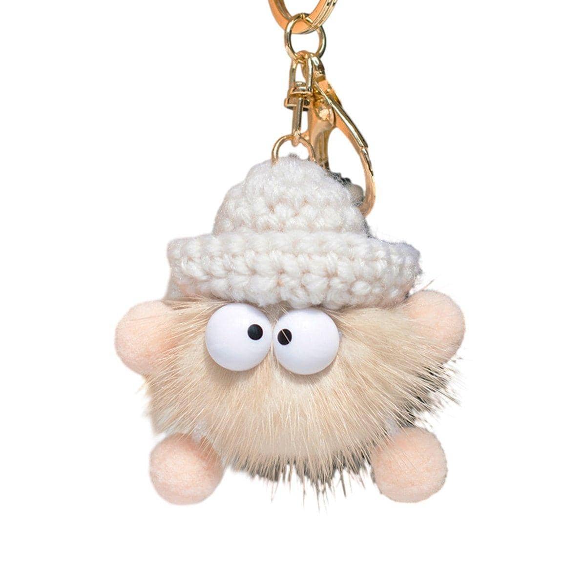Fluffy Plush Ball Keychain with Knitted Hat - Cream