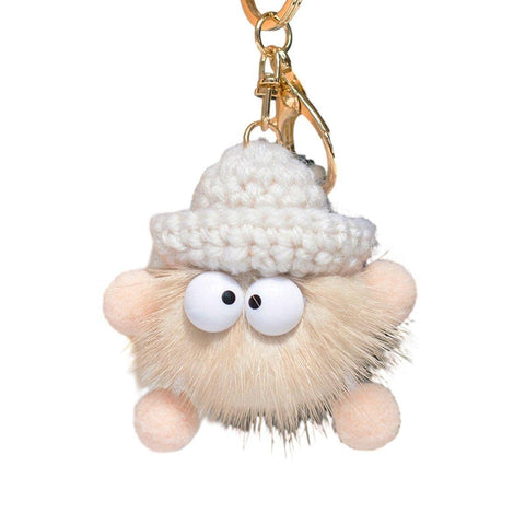 Fluffy Plush Ball Keychain with Knitted Hat - Cream