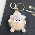 Fluffy Plush Ball Keychain with Knitted Hat - Cream - view 4