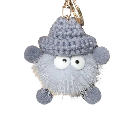 Fluffy Plush Ball Keychain with Knitted Hat - Light Grey