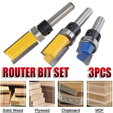 Flush Trim Router Bit Set, Top Bearing, 3 Piece with 1/4 Inch (0.635 cm) Shank