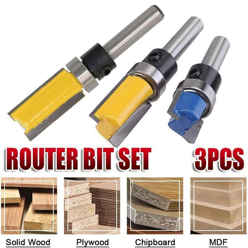 Flush Trim Router Bit Set, Top Bearing, 3 Piece with 1/4 Inch (0.635 cm) Shank