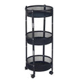 Foldable 3 Tier Rolling Storage Cart, Black Carbon Steel Vegetable Basket Trolley with Wheels