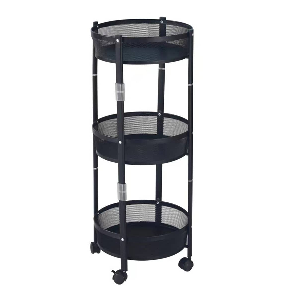 Foldable 3 Tier Rolling Storage Cart, Black Carbon Steel Vegetable Basket Trolley with Wheels