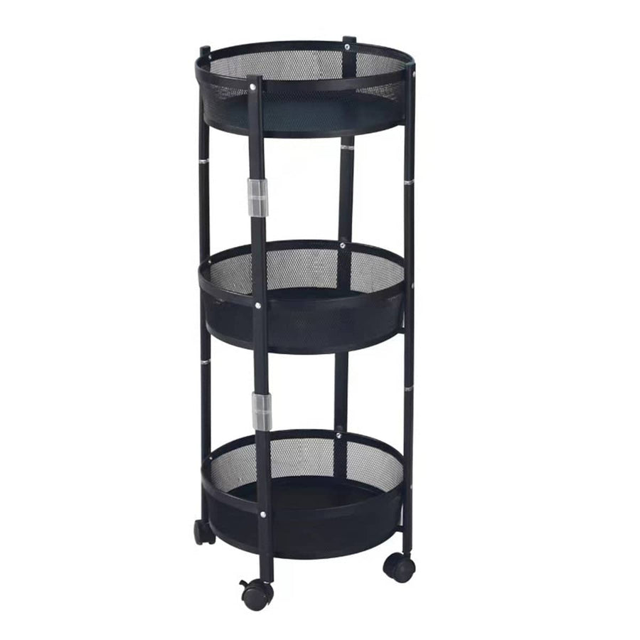 Foldable 3 Tier Rolling Storage Cart, Black Carbon Steel Vegetable Basket Trolley with Wheels