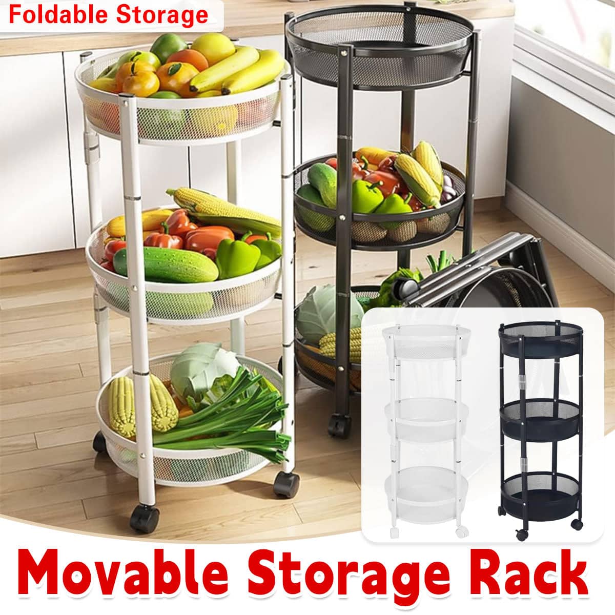 Foldable 3 Tier Rolling Storage Cart, Black Carbon Steel Vegetable Basket Trolley with Wheels - view 2