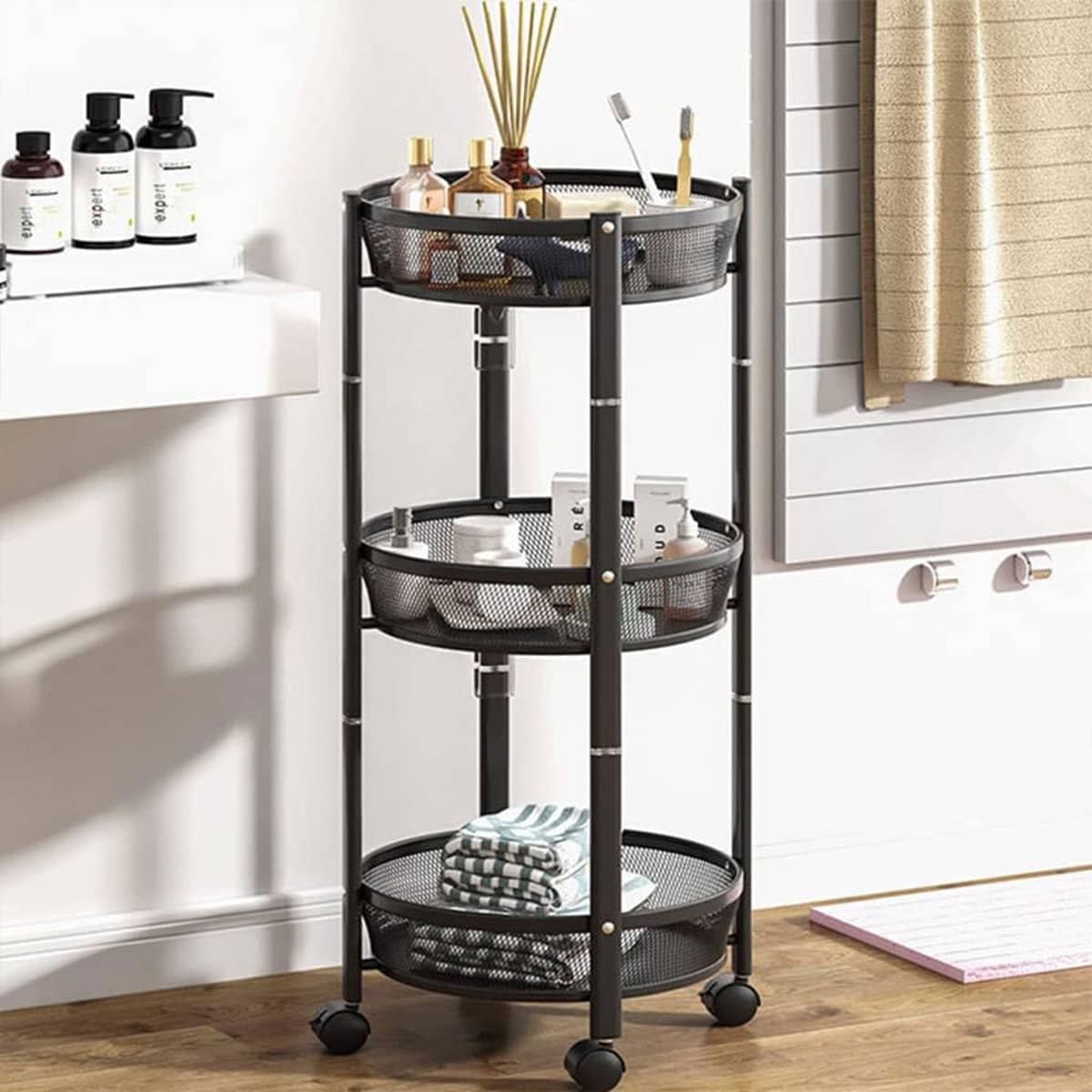 Foldable 3 Tier Rolling Storage Cart, Black Carbon Steel Vegetable Basket Trolley with Wheels - view 5