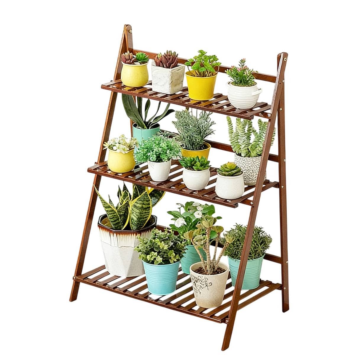 Foldable 3 Tier Wooden Plant Stand, 70 x 40 x 96 cm - Brown