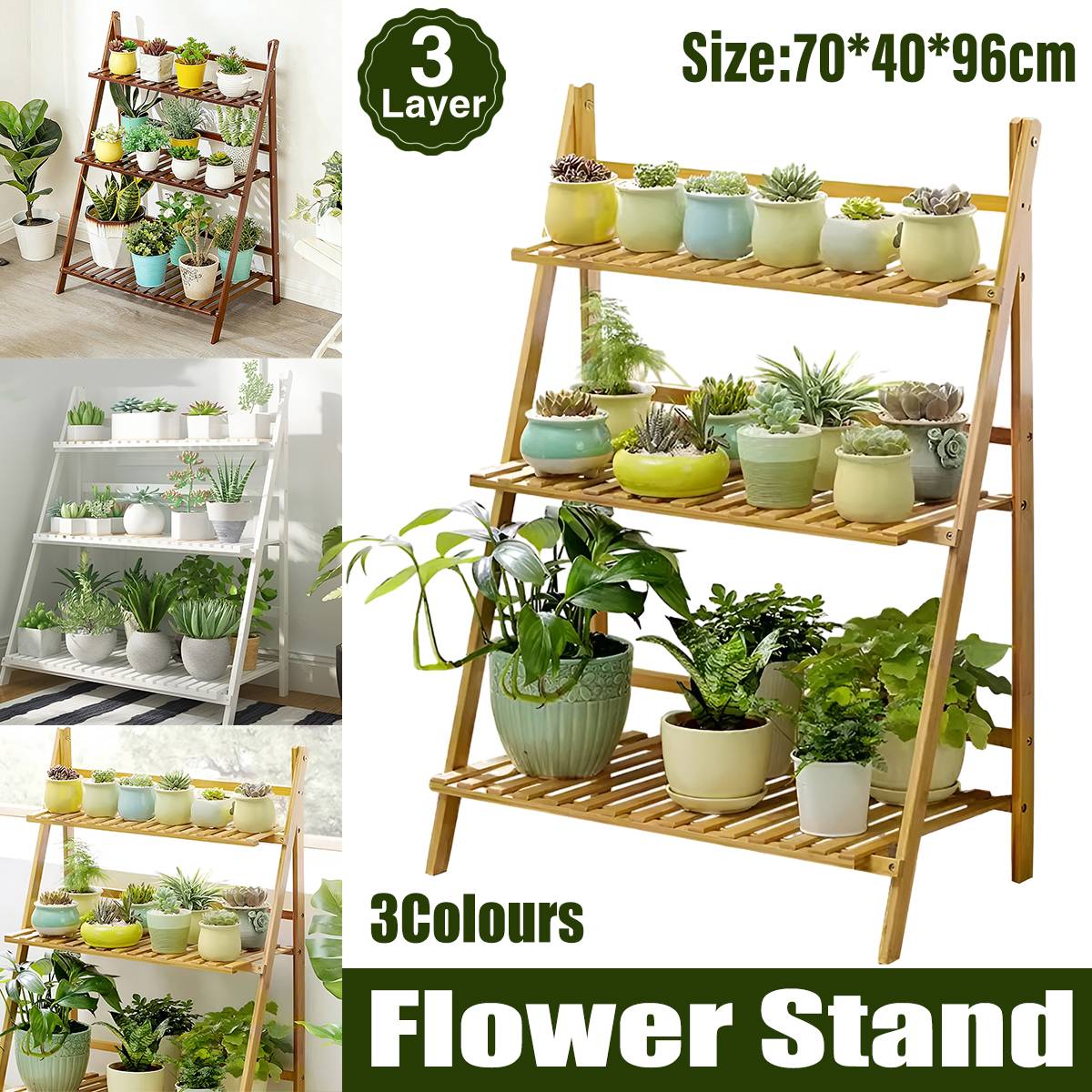 Foldable 3 Tier Wooden Plant Stand, 70 x 40 x 96 cm - Natural - view 2