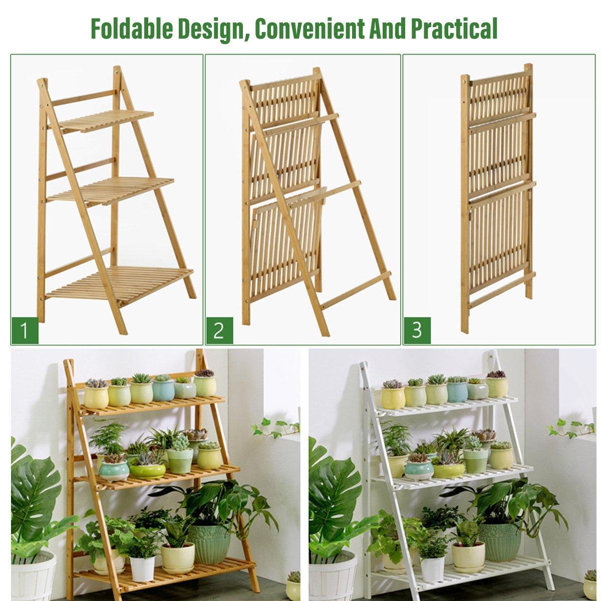 Foldable 3 Tier Wooden Plant Stand, 70 x 40 x 96 cm - Natural - view 5