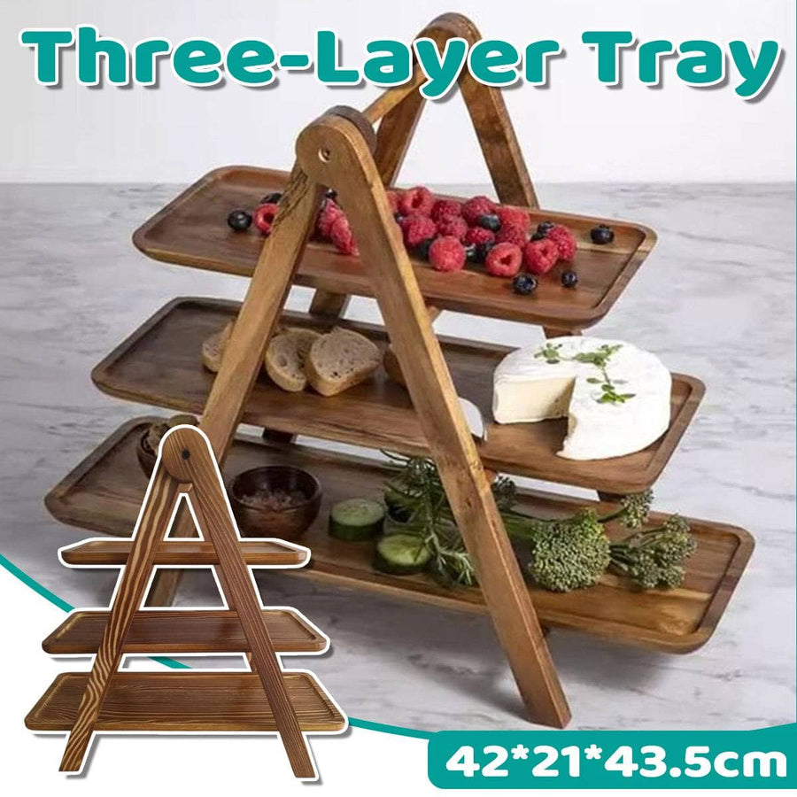 Foldable 3 Tier Wooden Serving Tray Stand for Parties and Buffets