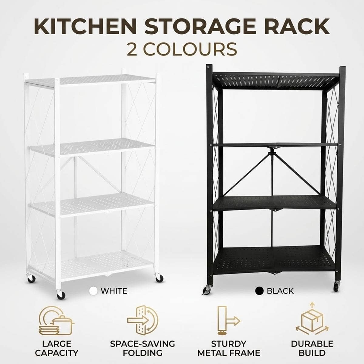 Foldable 4 Tier Kitchen Storage Rack on Wheels - White - view 2