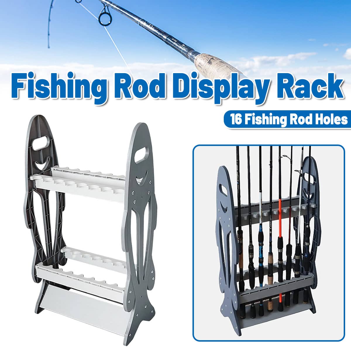 Foldable ABS Fishing Rod Display Rack for 16 Rods, Net and Gear Storage Stand - Grey