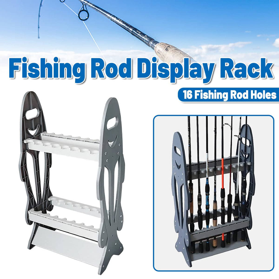 Foldable ABS Fishing Rod Display Rack for 16 Rods, Net and Gear Storage Stand - Grey