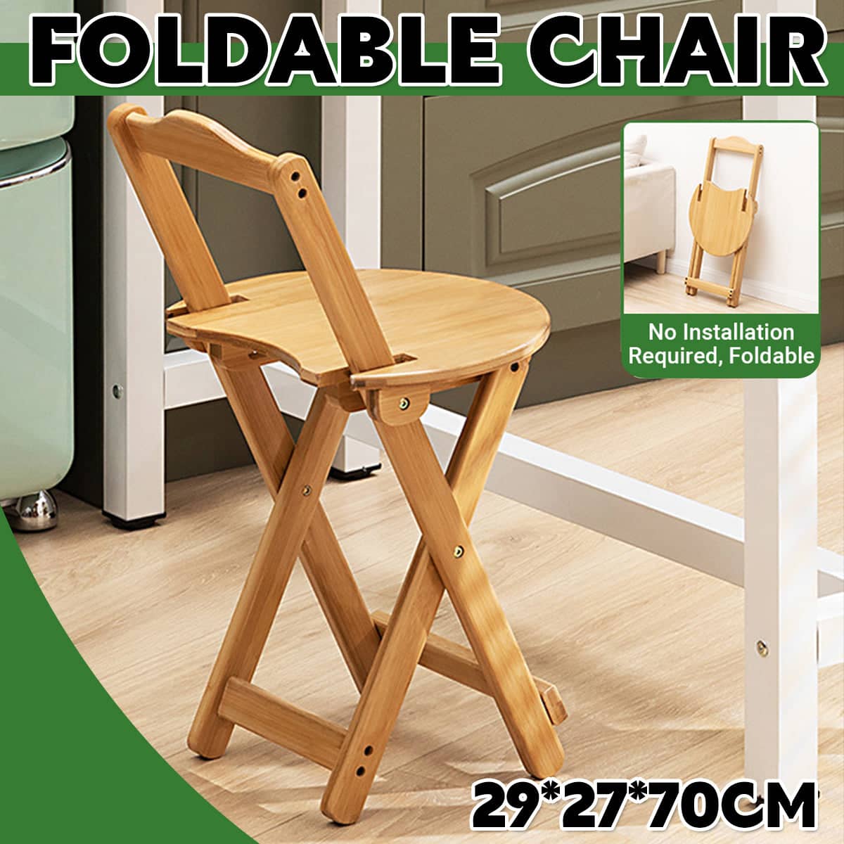 Foldable Bamboo Bar Stool with Backrest, Space Saving Lightweight Design
