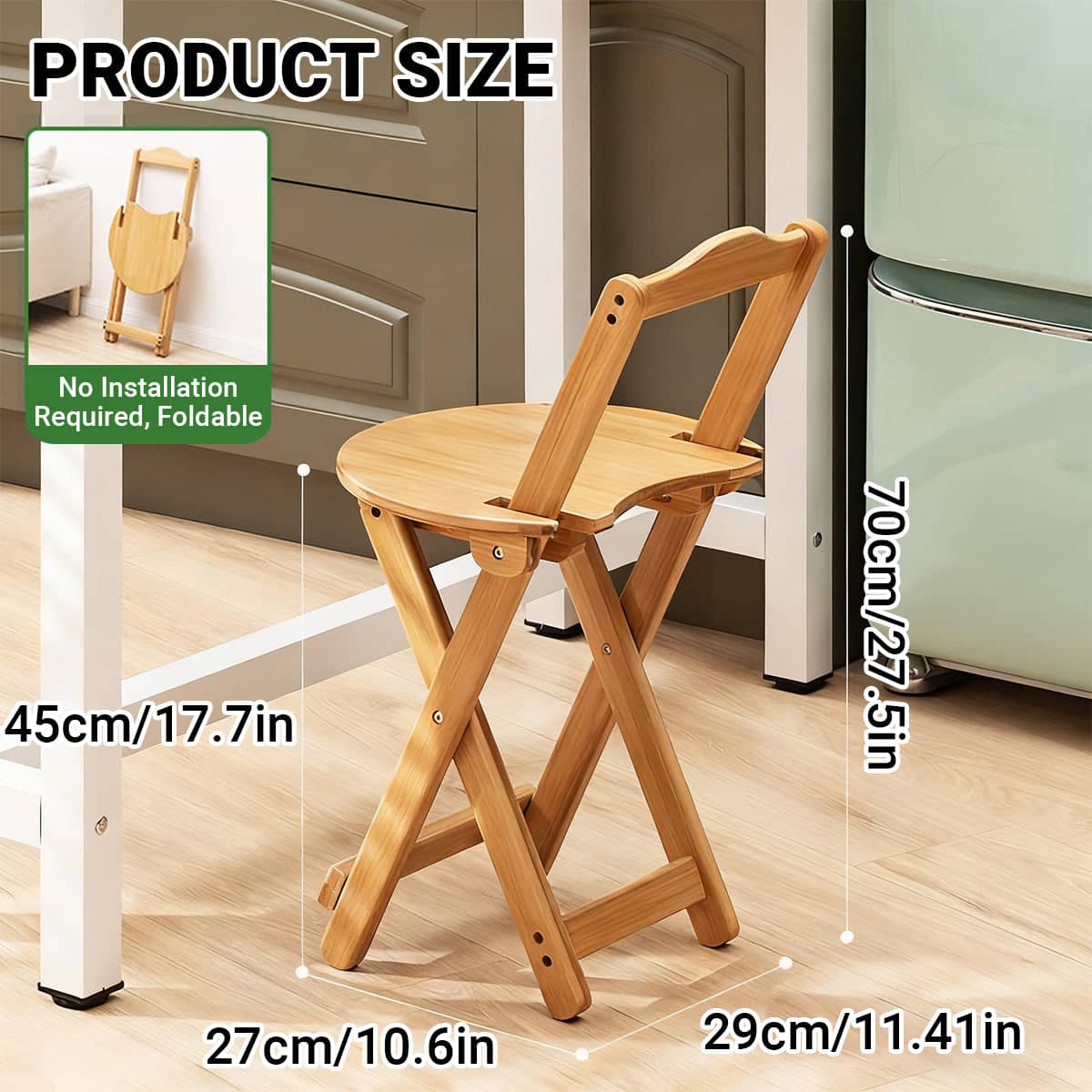 Foldable Bamboo Bar Stool with Backrest, Space Saving Lightweight Design - view 3