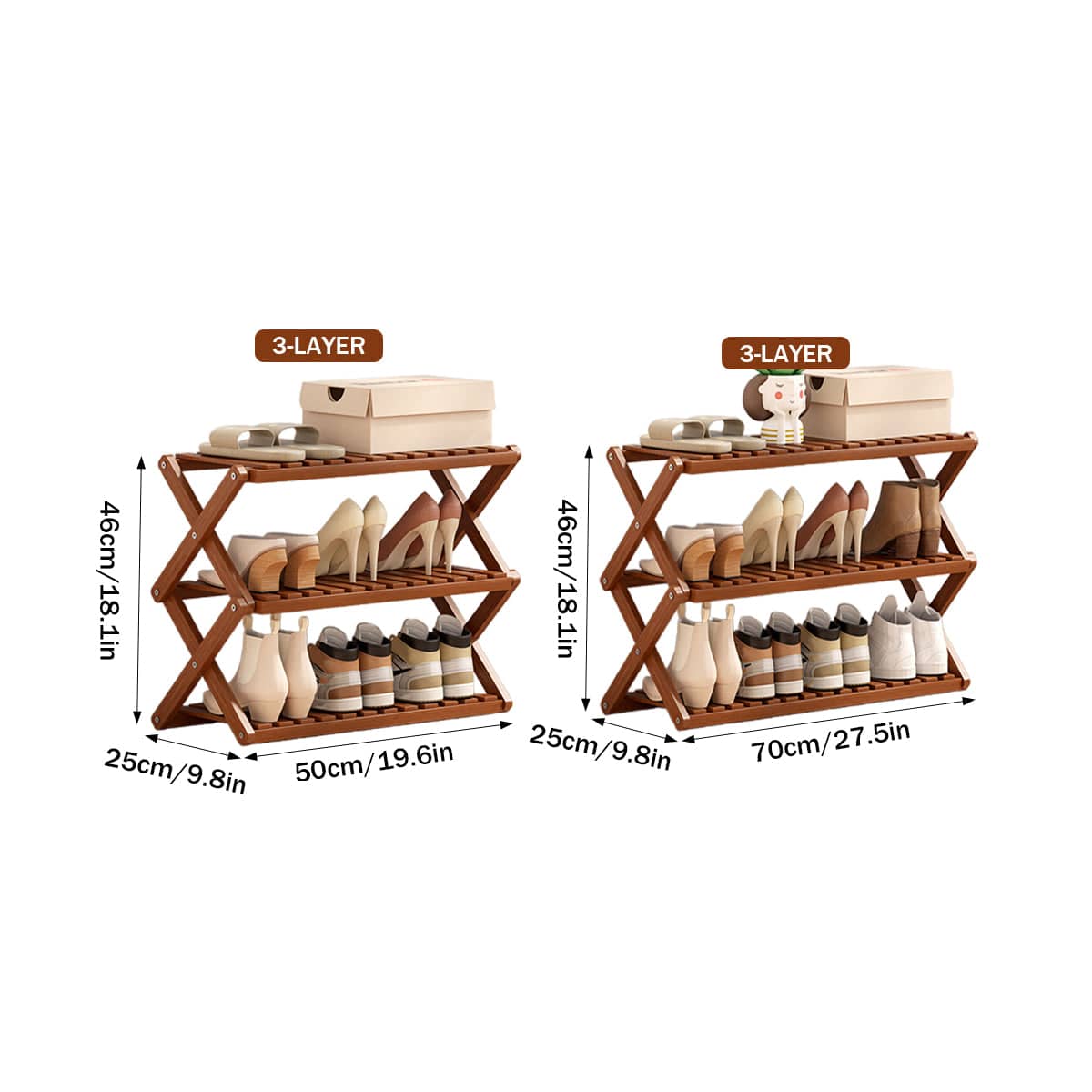 Foldable Bamboo Multi-Layer Shoe Rack with Non-Slip Shelves - 50 cm Wide, 3 Layer - view 4