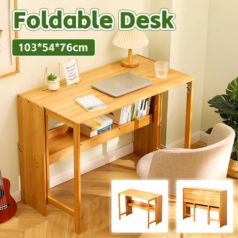 Foldable Bamboo Student Desk Computer Table with Bookshelf, 103 x 54 x 76 cm