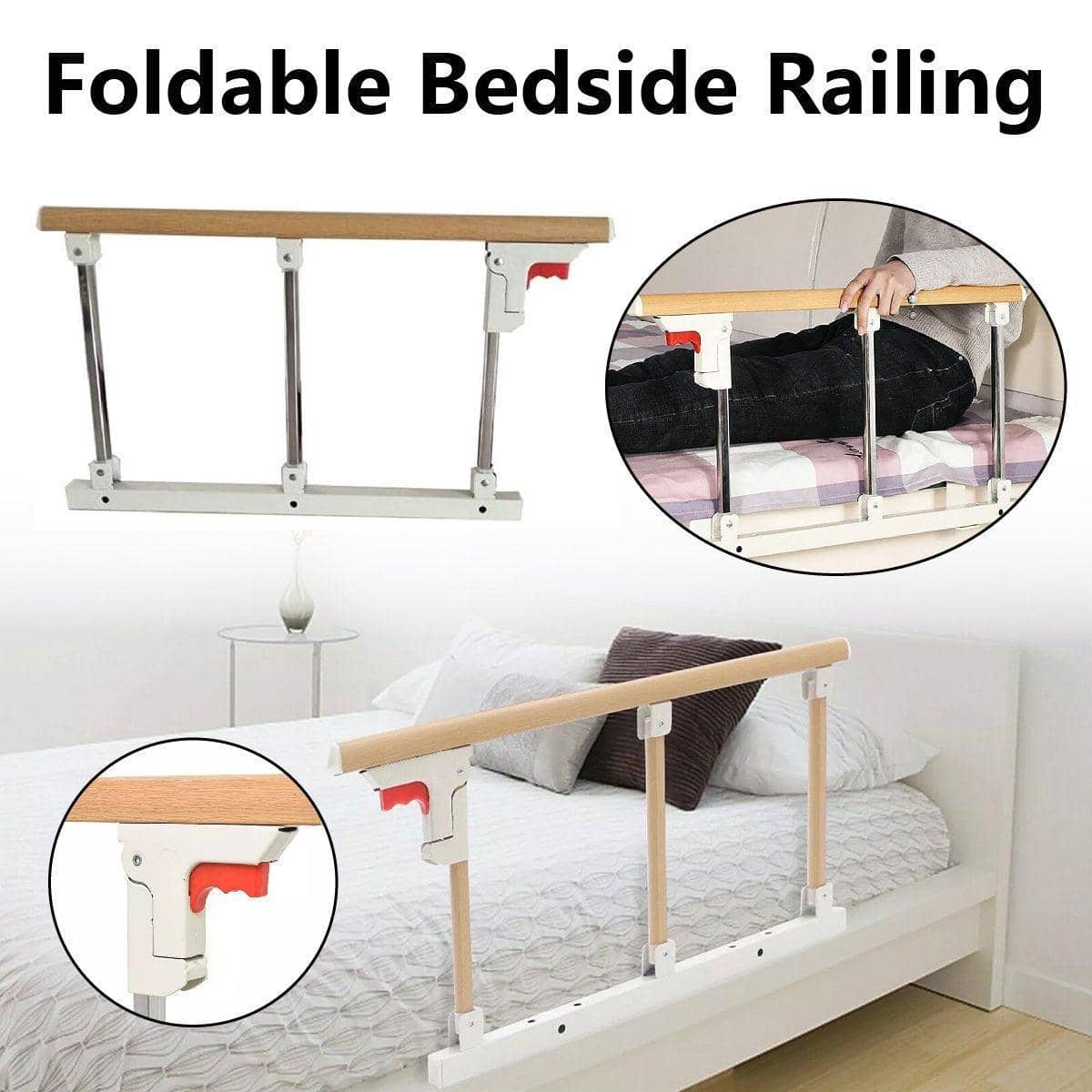 Foldable Bedside Rail for Beds, Anti-Fall Safety Guard in Stainless Steel with Wood Grain Finish