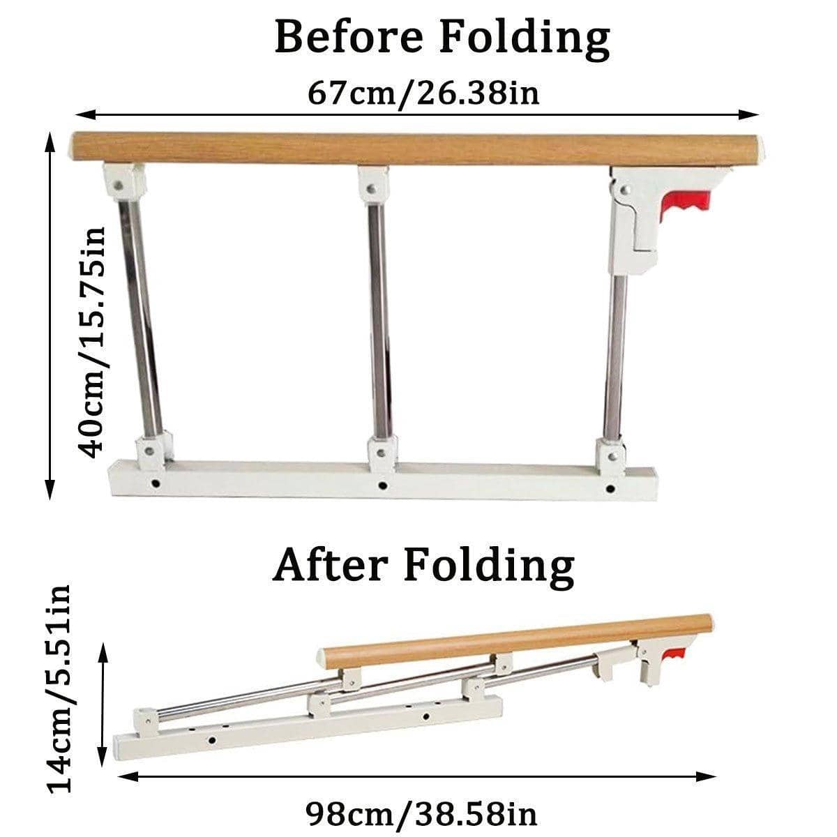 Foldable Bedside Rail for Beds, Anti-Fall Safety Guard in Stainless Steel with Wood Grain Finish - view 3