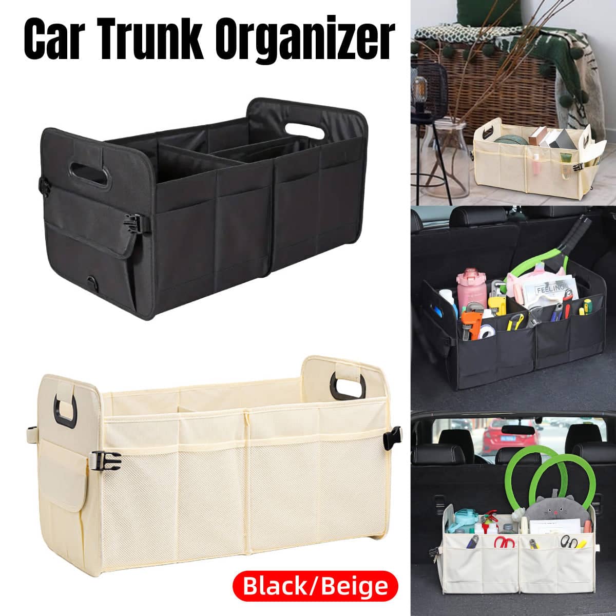 Foldable Car Boot Organiser with Compartments - Beige