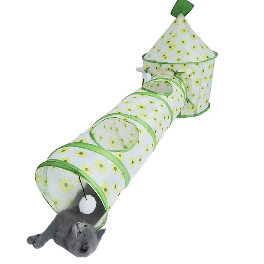 Foldable Cat Play Tunnel - Green with Daisies
