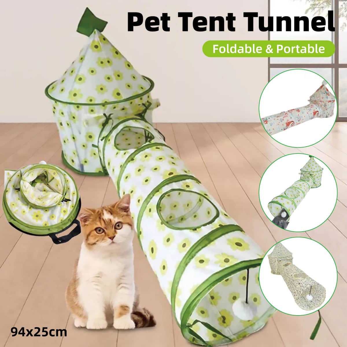 Foldable Cat Play Tunnel - Green with Daisies - view 2