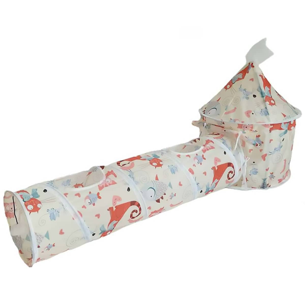 Foldable Cat Play Tunnel - White with Fox Pattern
