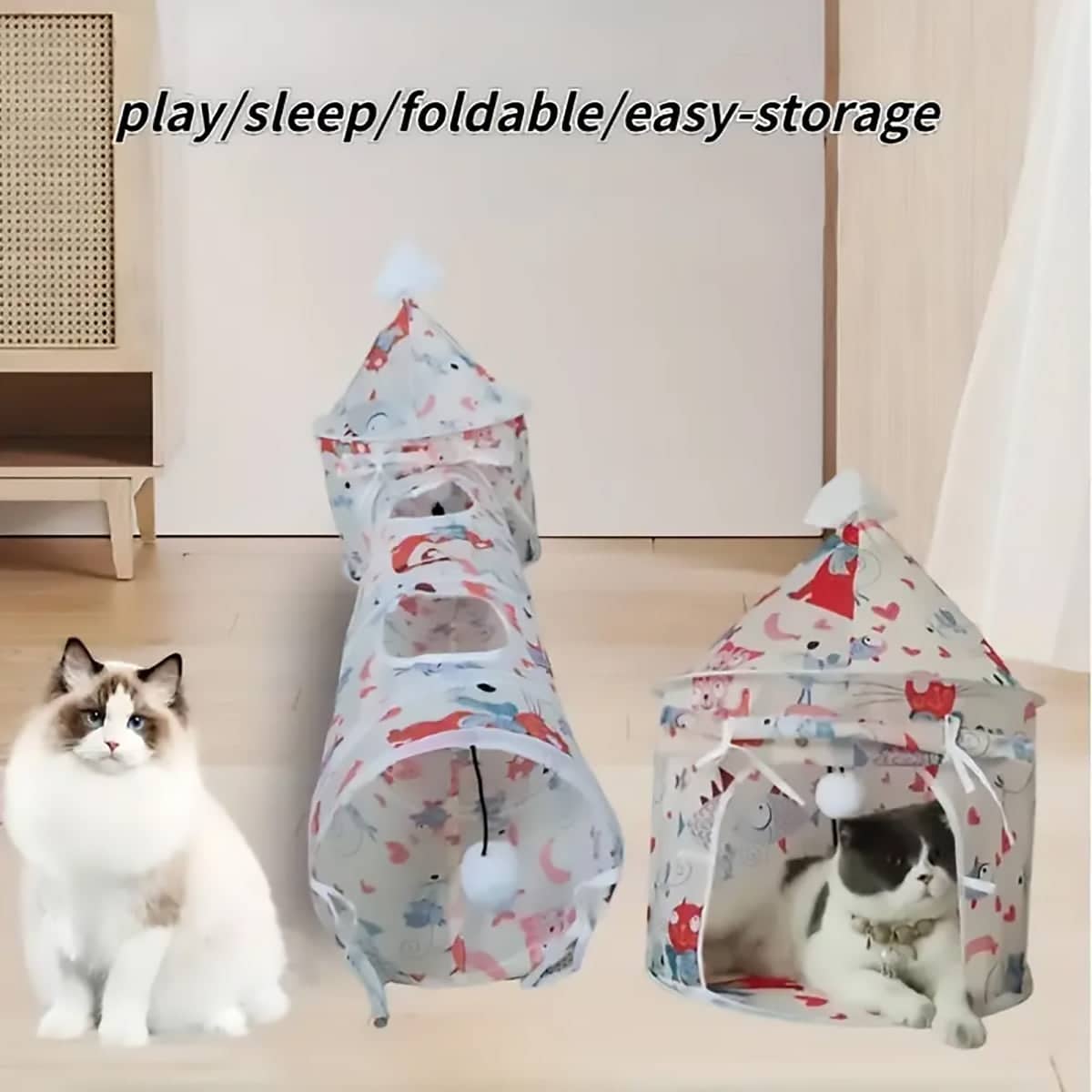Foldable Cat Play Tunnel - White with Fox Pattern - view 5