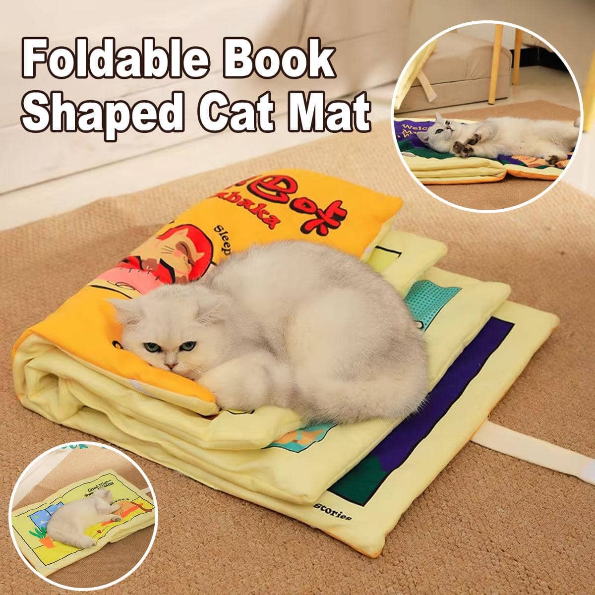 Foldable Cat Sleeping Mat - 74 x 48 x 5 cm, Plush Book Design