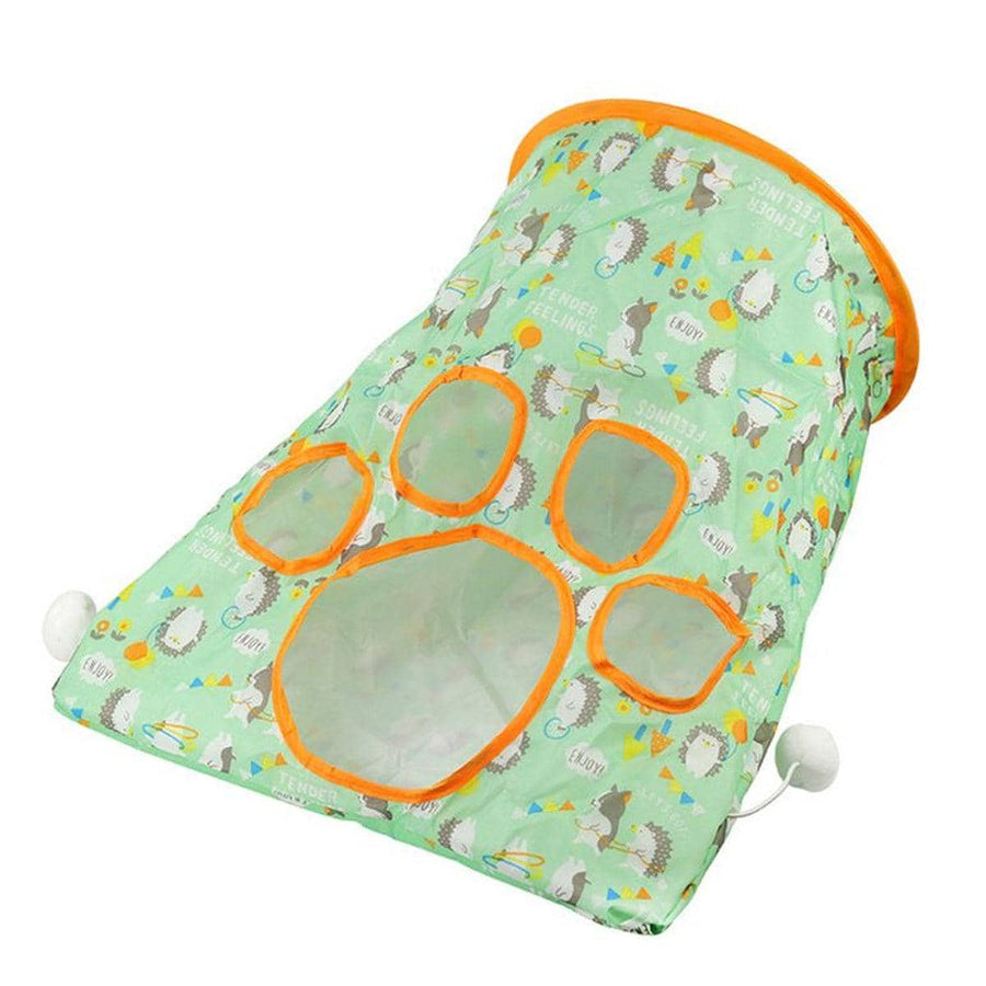 Foldable Cat Tunnel with Peek Holes and Hanging Balls - Hedgehog Print