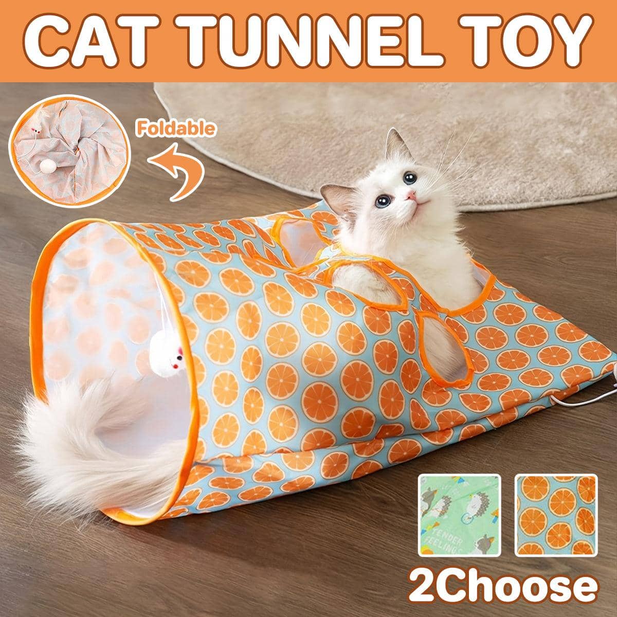 Foldable Cat Tunnel with Peek Holes and Hanging Balls - Hedgehog Print - view 2