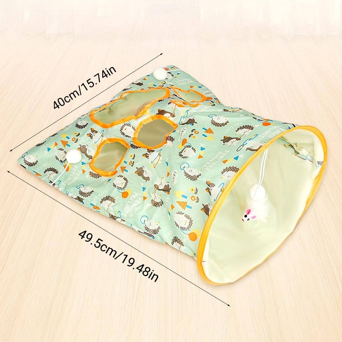 Foldable Cat Tunnel with Peek Holes and Hanging Balls - Hedgehog Print - view 4