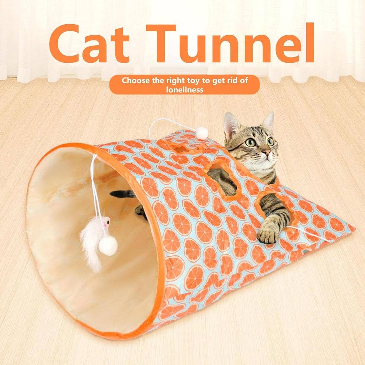 Foldable Cat Tunnel with Peek Holes and Hanging Balls - Hedgehog Print - view 5