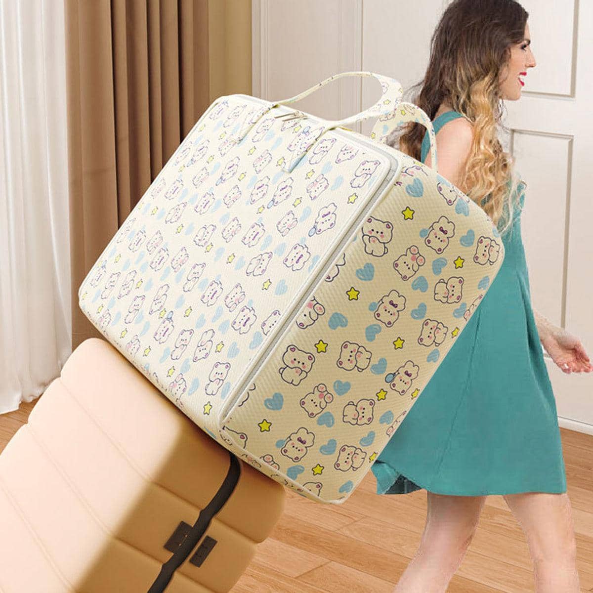 Foldable Clothes and Blanket Storage Bags, Set of 2 - Cream Bear Print, L (60 x 25 x 40 cm) - view 5