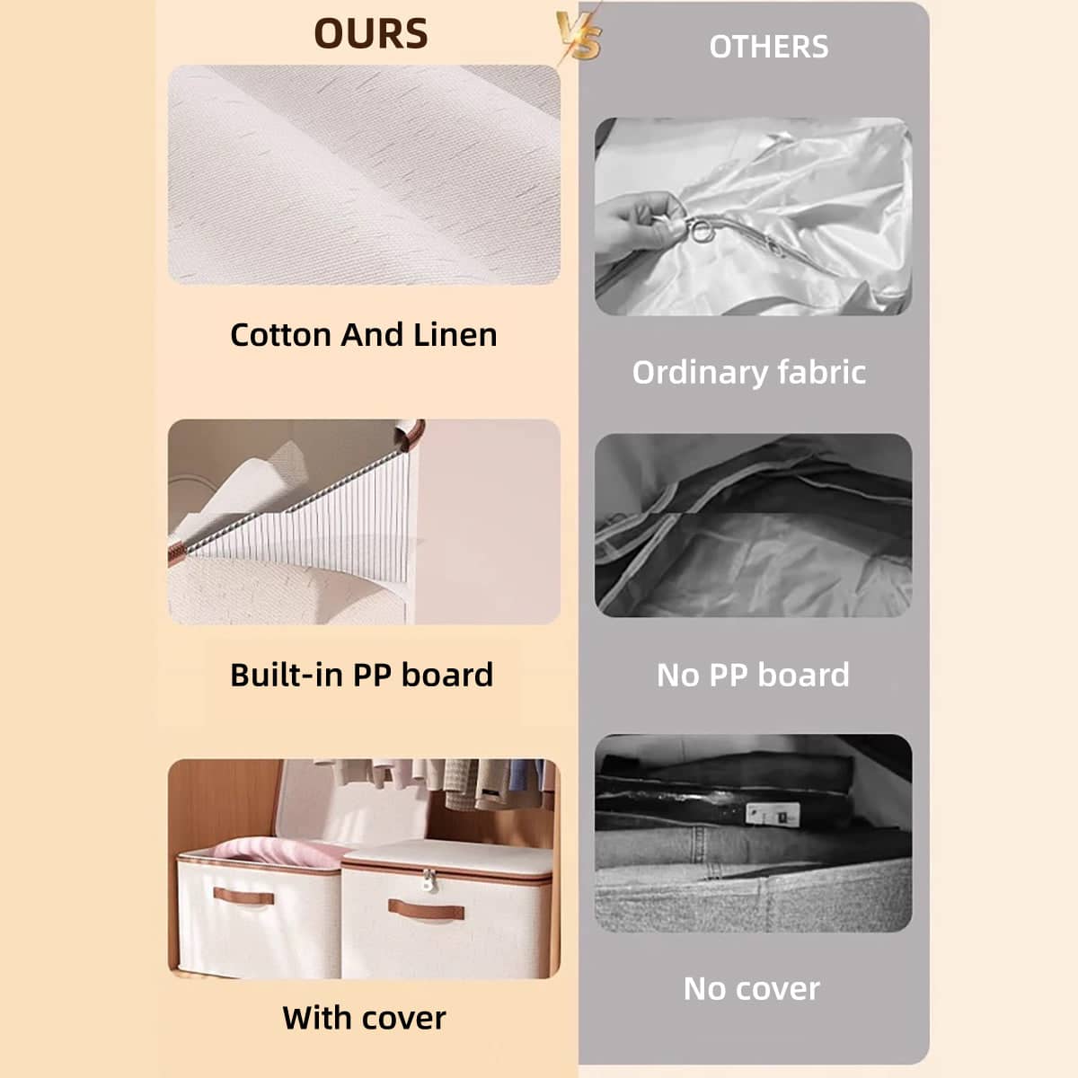 Foldable Clothing Storage Box with Lid and Zip, 40 x 30 x 21 cm - Beige - view 5