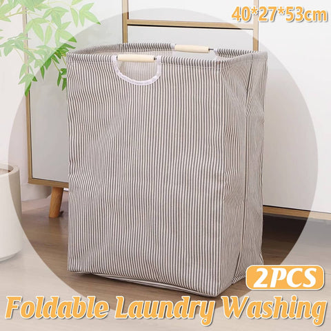 Foldable Cotton Linen Storage Basket Set, Pack of 2 with Wooden Handles