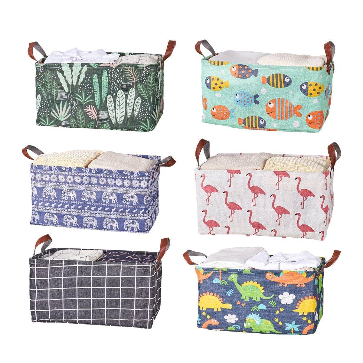 Foldable Cotton Linen Storage Baskets, Set of 2 - Dinosaur Print, Navy Blue - view 3