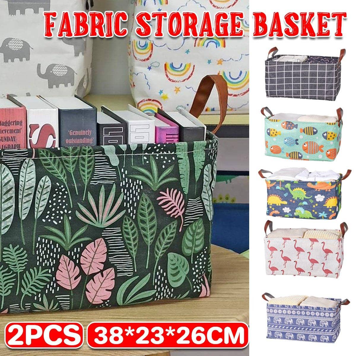 Foldable Cotton Linen Storage Baskets, Set of 2 - Fish Print, Mint Green - view 2