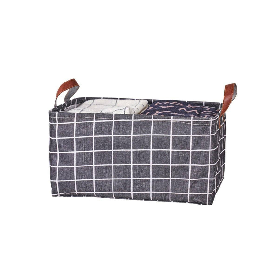 Foldable Cotton Linen Storage Baskets, Set of 2 - Grey Grid Check, Grey and White