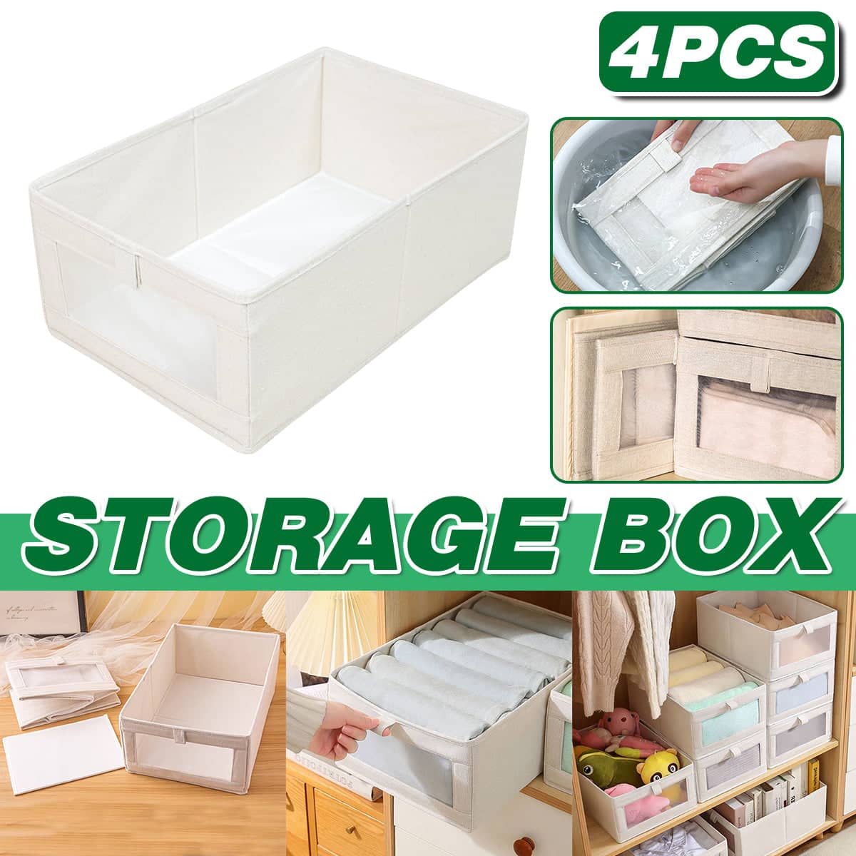 Foldable Cotton Linen Storage Boxes with Window - Beige, Pack of 4
